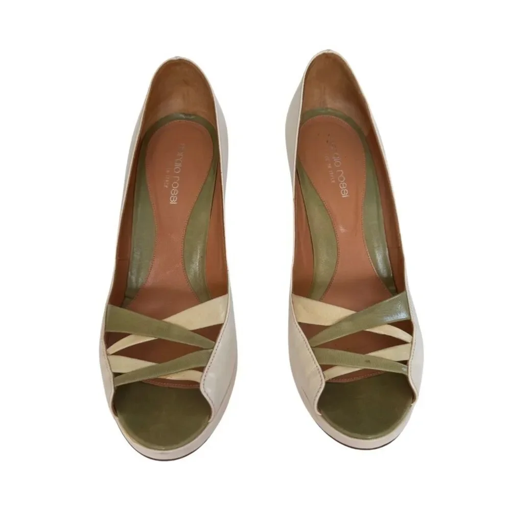 Sergio Rossi Ivory & Olive Green Strappy Peep-Toe Heels - Size 38.5 Euro 8.5 US